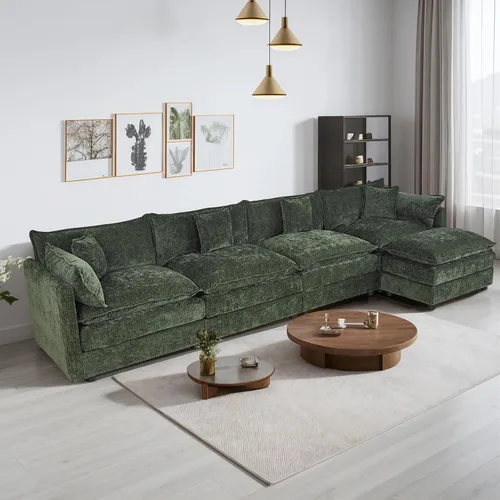 Miniatura 20 de Setawix Sofá Profundo de 3 Plazas con Otomana, Sofás de Nube en Forma de L de 112.2" para Sala de Estar, Sofá de Nube de Chenilla con Asiento Café
