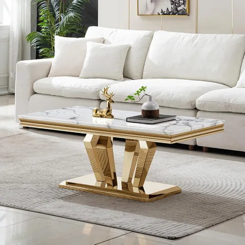 Miniatura 58 de SSLine Mesa de Centro Rectangular de Mármol Sintético para Sala de Estar, Mesa Central Moderna de Mármol Blanco de Lujo con Base Doble en Forma de U