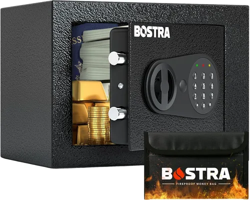 Bostra Caja de seguridad ignífuga con sensor de luz y bolsa ignífuga, caja fuerte para dinero con teclado digital, caja fuerte de seguridad para el