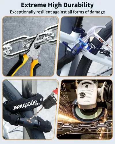 Miniatura 5 de Sportneer Candado para bicicleta: Candado de cadena de bicicleta de alta seguridad de 8mm de grosor con 2 llaves - 0.97/1.2 metros de largo, candado