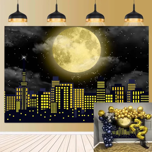 Miniatura 8 de Telón de fondo de superhéroe de Super City para fotografía, 7 x 5 pies, color amarillo, luna llena, horizonte, paisaje urbano, fondo de foto, baby