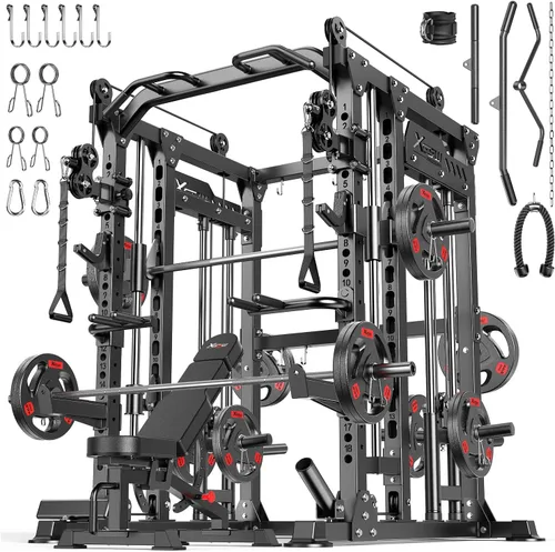 Miniatura 30 de Rack Multiusos para Sentadillas, Conjunto de Rack de Pesas Smith Machine con Sistema de Crossover de Cables, Racks de Potencia para Gimnasio en L04