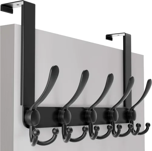 SKOLOO Gancho sobre la puerta - para puertas de hasta 1-3/4' de espesor, colgador de puerta de metal con 5 ganchos triples, colgador sobre la puerta