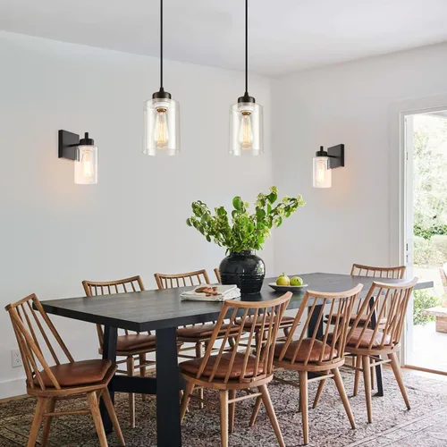 Miniatura 2 de Lámpara Colgante Fijo, Paquete de 3 Lámparas de Techo con Pantalla de Vidrio Transparente, Ajustable, para Cocina y Comedor, Negro, 30 x 15 x 22 cm