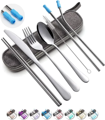Miniatura 10 de Juego de utensilios de viaje con estuche, juego de cubiertos portátiles reutilizables de acero inoxidable, 8 piezas, incluyendo cuchillo de cena