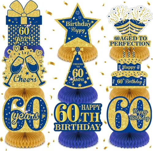 Miniatura 8 de 9 piezas de decoración de cumpleaños azul marino dorado 18 centros de mesa de panal para decoración de mesa, decoraciones de feliz cumpleaños 18