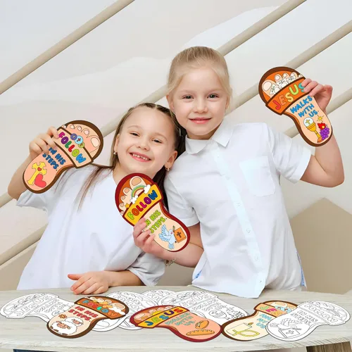 Miniatura 6 de Dvbonike 24 piezas de manualidades para escuela dominical para niños, colorea tu propio kit de manualidades "Jesús camina con nosotros" de huellas