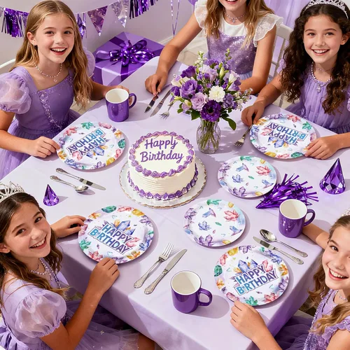 Miniatura 8 de 96 piezas de decoraciones de fiesta de cumpleaños de cristal, con gemas moradas, platos y servilletas de diamante, juegos de vajilla de geología