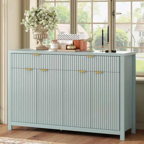 Miniatura 13 de Virubi Armario de buffet acanalado de 63 pulgadas con almacenamiento, puertas y estantes ajustables, mesa consola curva de madera con Azul marino