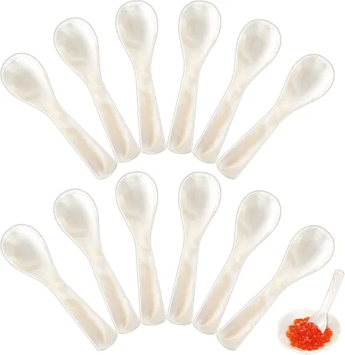 Cucharas de caviar con mango redondo de madreperla, hechas a mano, para caviar, huevo, helado, sal, café, juego de 12 piezas para restaurante (3.55