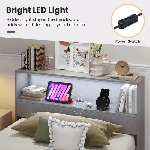Miniatura 7 de Giantex Base de cama individual con cabecera de almacenamiento, plataforma de madera con estación de carga y luz LED, cama individual con soporte