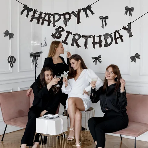 Miniatura 5 de Decoraciones de Cumpleaños con Lazo Negro Pre-encordado, Decoraciones de Fiesta Coqueta Negra, Suministros de Fiesta con Lazo Incluyen Pancarta