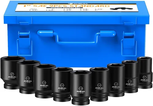Miniatura 6 de Anbull Juego de llaves de impacto jumbo de 1 pulgada, 9 piezas universales hexagonales profundas con estuche de almacenamiento resistente, tamaños