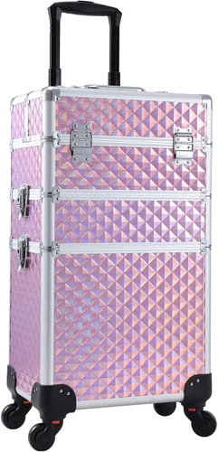 Miniatura 9 de estuche profesional 3 en 1 para maquillaje rodante, estuche de tren de aluminio con ruedas de rotación 360° para artista de maquillaje, maleta