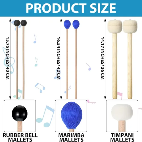 Miniatura 2 de Cindeer 3 pares de mazo de tambor 1 teclado de cabeza de hilo duro azul mazos de marimba 1 campana de goma negra 1 mazos de lana fieltro palo