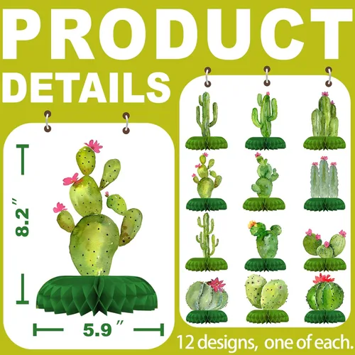 Miniatura 2 de Paquete de 12 decoraciones de mesa de cactus, decoraciones de fiesta de cactus para cumpleaños de niños y baby shower, adornos de mesa de cactus