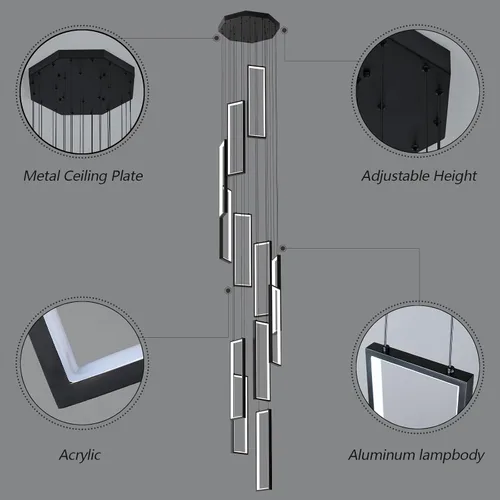 Miniatura 5 de Lámpara Colgante Moderna de Altura Ajustable Luminaria Negra 252W LED Luces Colgantes 12 Anillos Candelabro Rectangular Escalera Candelabro Grande