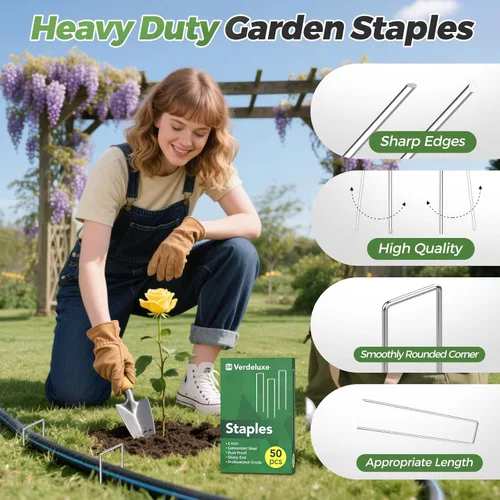Miniatura 3 de Verdeluxe Paquete de 50 grapas de jardín, estacas de jardín galvanizadas en forma de U de calibre 11 de 6 pulgadas, estacas de césped resistentes