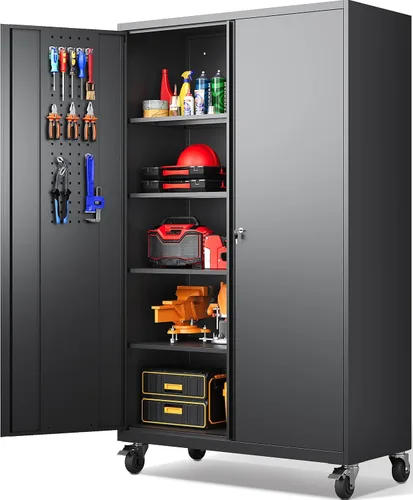 Miniatura 26 de SISESOL Armario de almacenamiento de metal con cajón y cerradura, gabinete de almacenamiento de metal negro con puertas de bloqueo y estantes