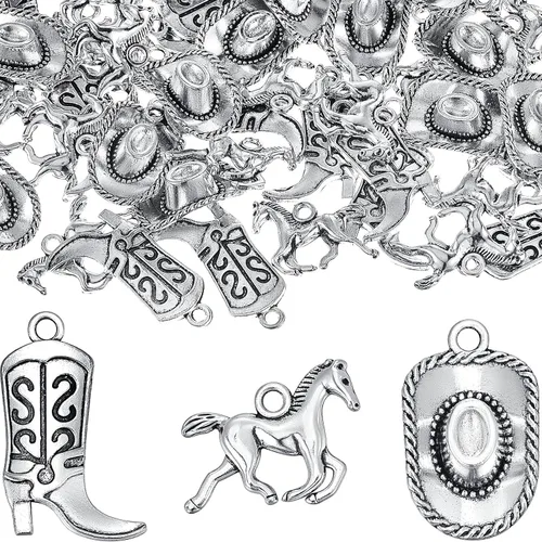 Junkin 90 piezas Western Cowboy Charms Colgantes Aleación de Plata Antigua Charms Caballo Cowboy Boot Hat Colgante Charms Mini Cowboy Charms para