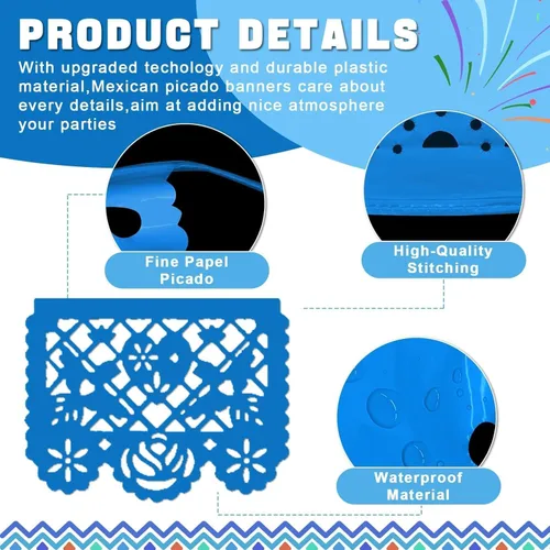 Miniatura 3 de Paquete de 6 pancartas de papel picado azul para fiesta mexicana, boda, fiesta, día de los muertos, Cinco de Mayo, decoración de México, papel