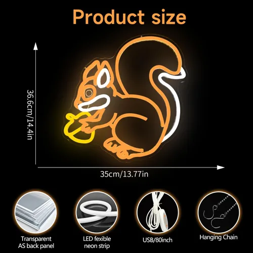 Miniatura 3 de Letrero de neón de ardilla para decoración de pared, ardilla sosteniendo un cono de pino, luz de neón regulable, lámpara LED naranja