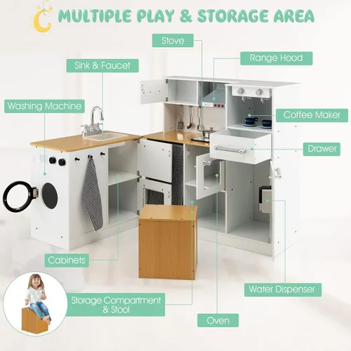 Miniatura 5 de Costzon Cocina de Juego de Esquina de 2 Piezas, Cocina de Juego de Madera con Lavadora, Luz y Sonido Realistas, Cafetera, Estufa y Accesorios