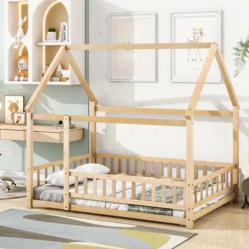 Miniatura 9 de Cama de suelo de tamaño individual con valla para niños pequeños, cama Montessori con techo de casa, marco de cama de piso de madera para niños