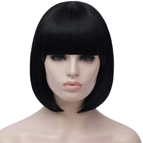 Miniatura 2 de Peluca de pelo corto Bob con flequillo recto sintético peluca natural como pelo real 12 pulgadas