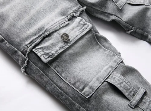 Miniatura 5 de XIMXIMMTIAN Jeans rectos de motociclista para hombre, desgastados, desgastados, ajustados, rectos