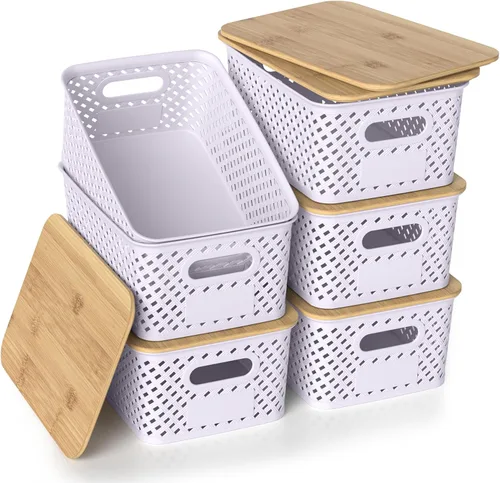 Miniatura 9 de Contenedores de almacenamiento de plástico con tapas de bambú, canastas pequeñas apilables para organización y contenedores para estantes, cajones