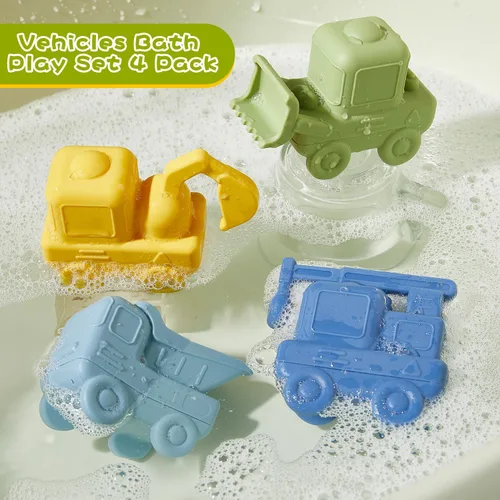 Miniatura 6 de Juguetes de baño sin moho para niños pequeños, paquete de 4 juguetes de baño de silicona de grado alimenticio, camión fácil de limpiar y juguete