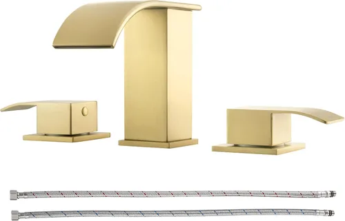 Grifo de baño de cascada de oro cepillado de 8 pulgadas, grifos de baño para fregadero de 3 agujeros, grifo de lavabo de baño generalizado 2 asas,