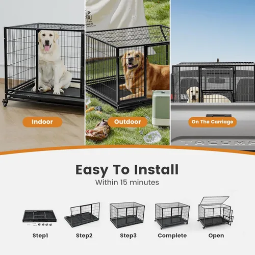 Miniatura 8 de Gardner Pet Jaula para perros resistente de 43 pulgadas con ruedas, jaula de metal plegable para perros pequeños y grandes, jaula indestructible