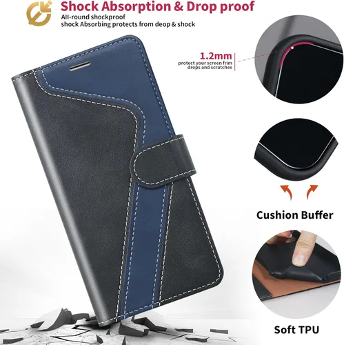 Miniatura 5 de Funda tipo cartera de cuero para Moto G Stylus 5G 2021 (6.8 pulgadas), con bloqueo RFID, tarjetero y soporte magnético, TPU a prueba de golpes, azul