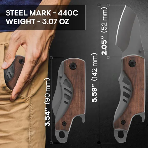 Miniatura 3 de Cuchillo de bolsillo pequeño para hombres – Cuchillo de llavero de 5.7 pulgadas con abridor de botellas – Cortador de cajas – Mango de madera