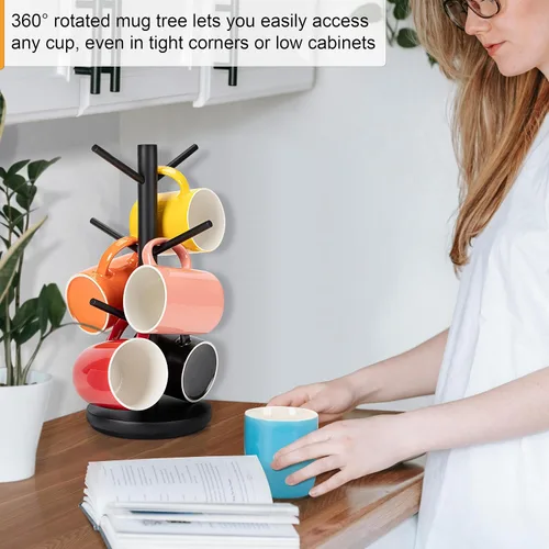 Miniatura 6 de MyLifeUNIT Árbol Portatarjetas, Soporte para Tazas Giratorias 360° con 6 Ganchos, Organizador de Soporte para Tazas de Café de Madera para Encimera
