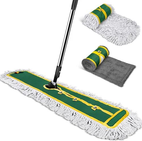 MASTERTOP - Mopa de polvo comercial de 42 pulgadas para limpieza de suelos, trapeador plano grande con mango largo, escoba de barrido con 2 Verde