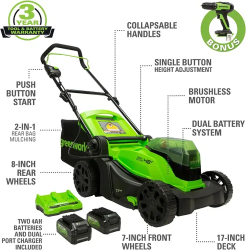 Miniatura 2 de Greenworks - Cortacésped inalámbrico sin escobillas de 48 V (2 x 24 V) de 17 pulgadas, (2) baterías USB de 4.0 Ah (multipuerto USB) y cargador