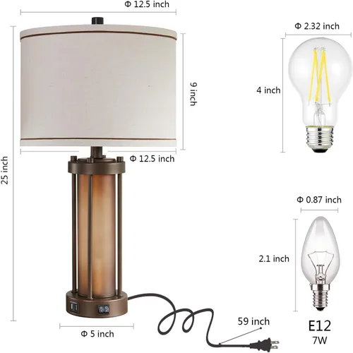 Miniatura 6 de Juego de 2 lámparas de mesa de estilo granja para sala de estar con 2 puertos de carga USB, lámparas rústicas vintage para mesita de noche con luz
