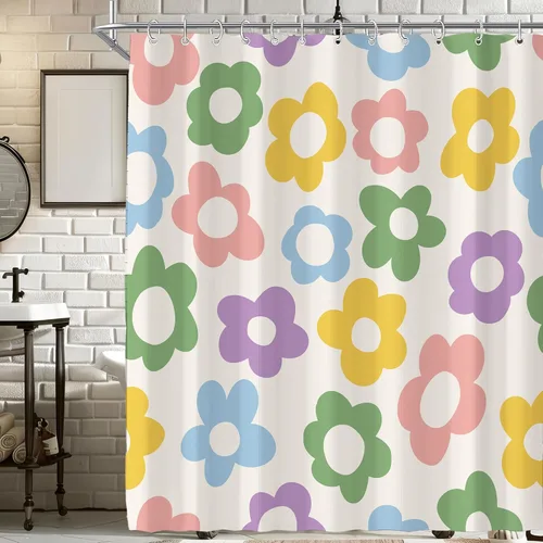 Miniatura 46 de Cortina de ducha pequeña para casa rodante, tamaño medio, estilo retro de los 70, con flores bonitas, estética abstracta de margaritas, decorativa