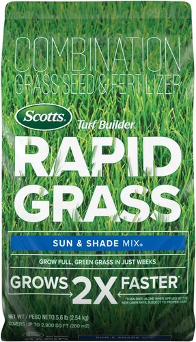 Mezcla de semillas de césped Scotts Turf Builder Rapid Grass Sun & Shade Mix de doble crecimiento rápido para sombra y sol; combinación de semillas