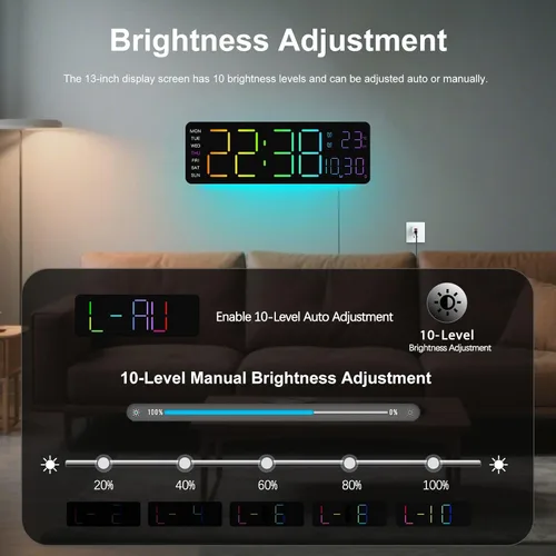 Miniatura 5 de JoFomp Reloj de pared digital LED RGB de 12 pulgadas con control remoto, pantalla de segundos, reloj despertador digital enchufable con brillo