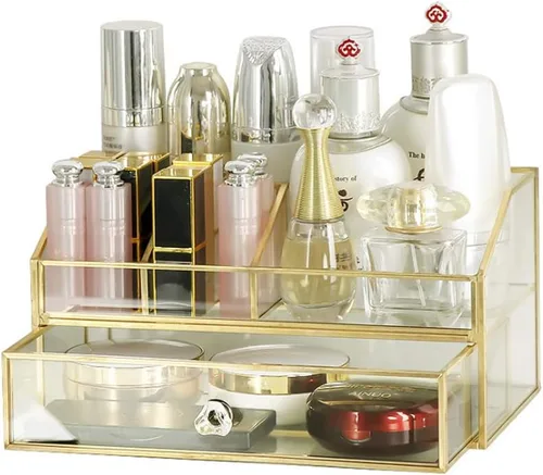 YUEHUA Organizador de maquillaje de cristal, organizador de brochas de maquillaje transparente, caja de exhibición de joyas, esmalte de uñas dorado,