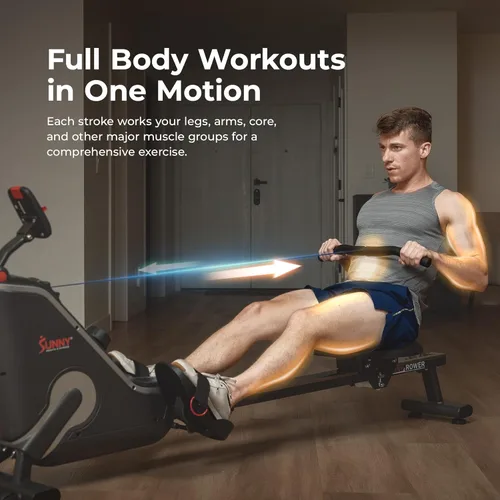 Miniatura 4 de Sunny Health & Fitness Smart Flippable Magnetic Rower, 50 Inches Quiet & Smooth Stainless Steel Slide Rail, Full-Body Low-Impact Exercise Rowing