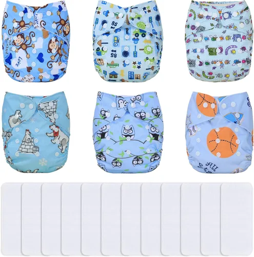Miniatura 12 de TDIAPERS Pañales de tela reutilizables, lavables, de bolsillo, talla única, ajustable para pañales de tela a presión, paquete de 6 con 6 insertos