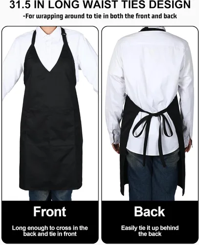 Miniatura 6 de Liitrsh 5 delantales unisex con cuello en V, 2 bolsillos, delantales de esmoquin ajustables negros con lazo largo en la cintura, delantal formal