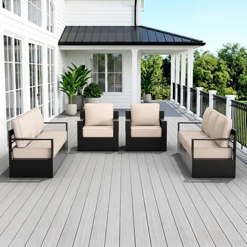 Miniatura 39 de Muebles de Patio al Aire Libre de Aluminio, Sillas de Metal para Todo Clima con Cojines de 6 Pulgadas de Grosor, Asiento Profundo para Jardín, Beige