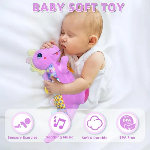 Miniatura 5 de Juguetes Musicales de Peluche de Dinosaurio Bebé para 0-3-6-9-12 Meses, Juguetes de Dinosaurio para Tiempo Boca Abajo de Bebés con Papel de Sonido