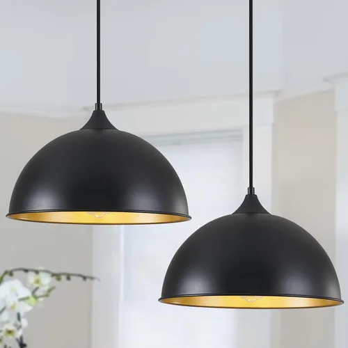 Miniatura 14 de Luces Colgantes Isla de Cocina, 12" Lámpara Colgante de Cúpula Negra y Dorada Vintage Industrial Luminarias Colgantes para Casa de Campo Comedor